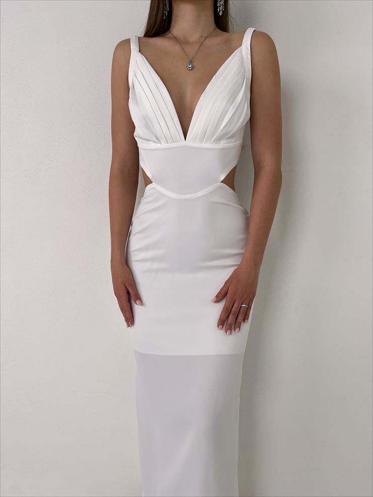 Askılı Derin V Yaka Beli Pencere Detaylı Cherri Kadın Beyaz Midi Elbise 23Y000076