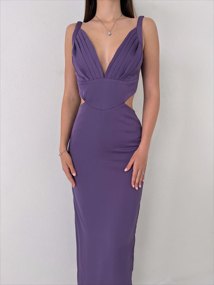 Askılı Derin V Yaka Beli Pencere Detaylı Cherri Kadın Mor Midi Elbise 23Y000076