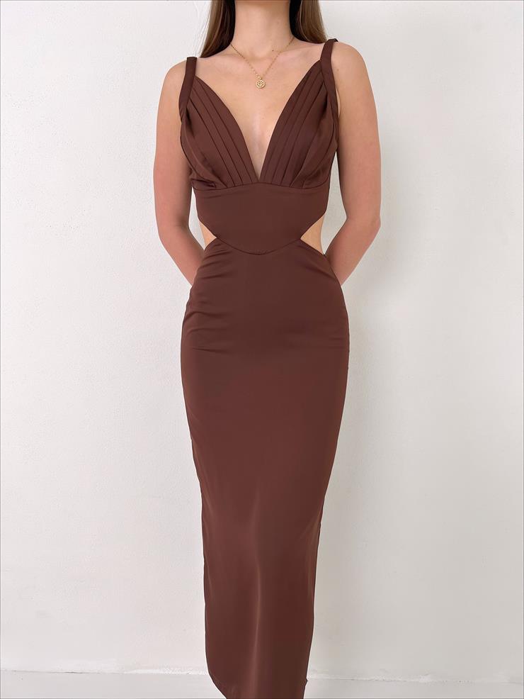 Askılı Derin V Yaka Beli Pencere Detaylı Cherri Kadın Kahverengi Midi Elbise 23Y000076