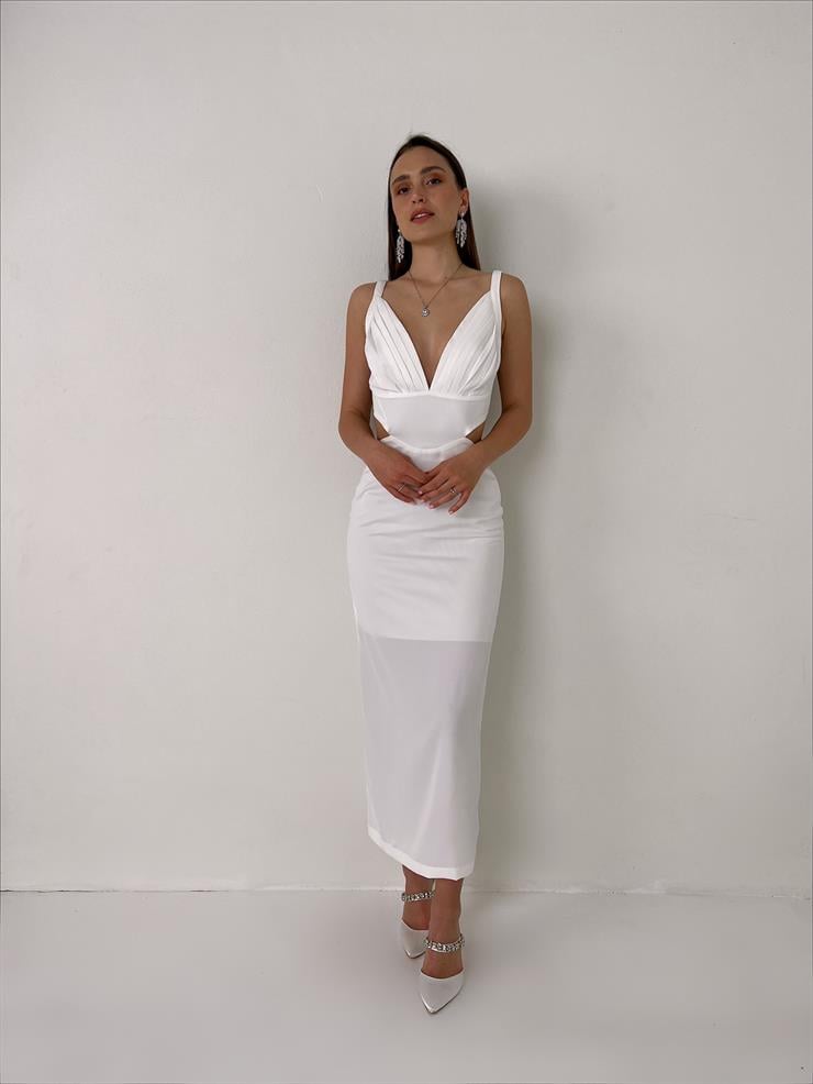Askılı Derin V Yaka Beli Pencere Detaylı Cherri Kadın Beyaz Midi Elbise 23Y000076