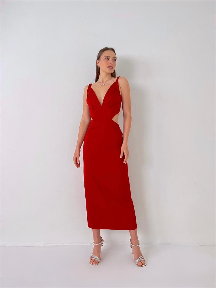 Askılı Derin V Yaka Beli Pencere Detaylı Cherri Kadın Kırmızı Midi Elbise 23Y000076