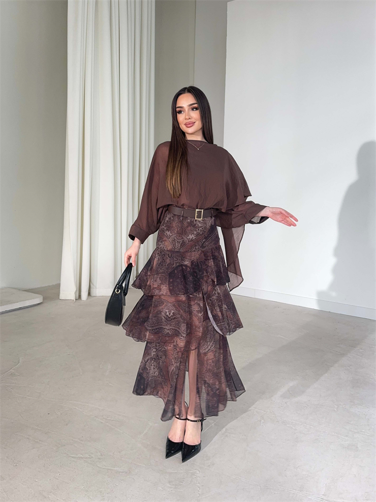 Kemerli Önden Yırtmaçlı Katlı Uzun Kahverengi Chicago Kadın Etek 26Y160