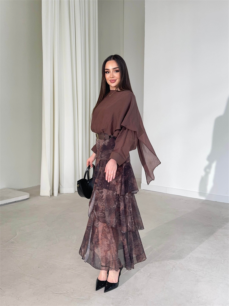 Kemerli Önden Yırtmaçlı Katlı Uzun Kahverengi Chicago Kadın Etek 26Y160