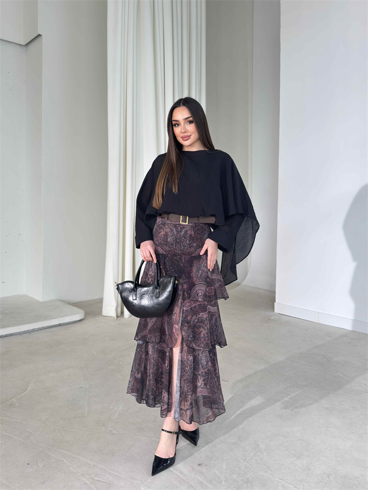 Kemerli Önden Yırtmaçlı Katlı Uzun Siyah Chicago Kadın Etek 26Y160