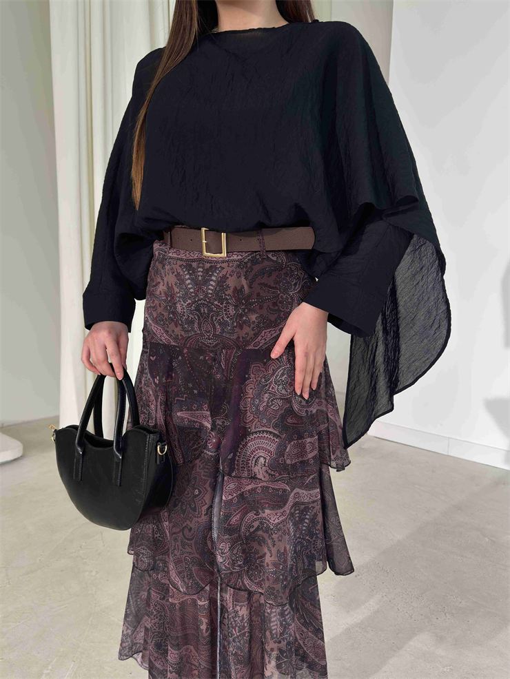 Kemerli Önden Yırtmaçlı Katlı Uzun Siyah Chicago Kadın Etek 26Y160