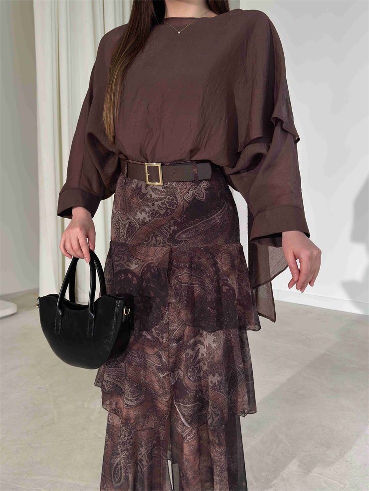 Kemerli Önden Yırtmaçlı Katlı Uzun Kahverengi Chicago Kadın Etek 26Y160