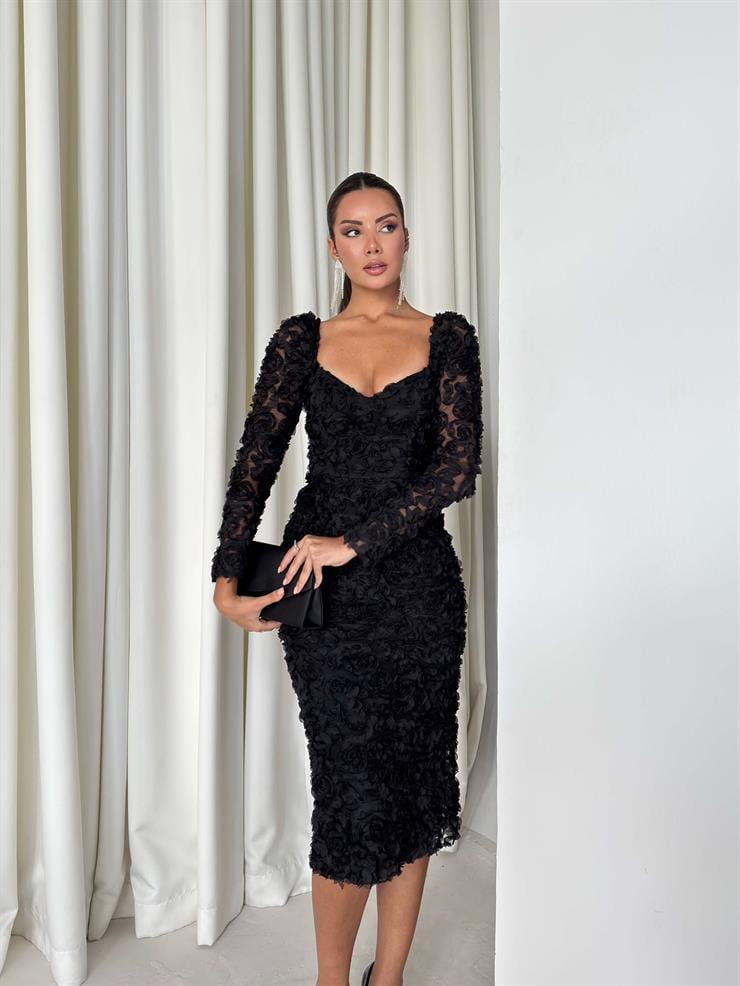 Gül Detaylı Astarlı Christiana Siyah Kadın Elbise 26K009