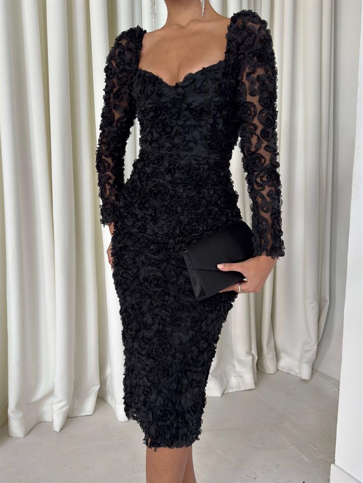 Gül Detaylı Astarlı Christiana Siyah Kadın Elbise 26K009