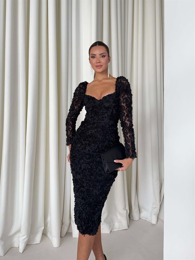 Gül Detaylı Astarlı Christiana Siyah Kadın Elbise 26K009