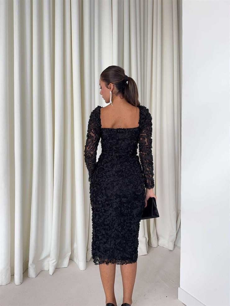 Gül Detaylı Astarlı Christiana Siyah Kadın Elbise 26K009