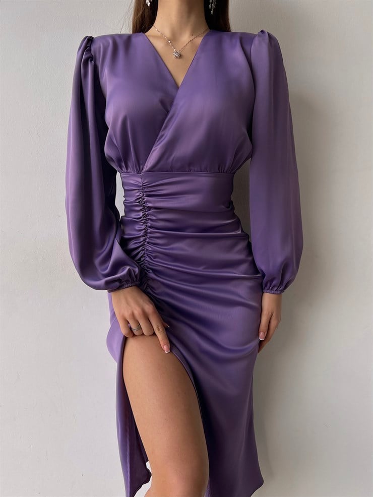 Saten Midi Önden Büzgülü Ve Yırtmaçlı Christina Kadın Lila Elbise 22K000547