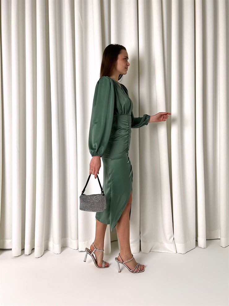 Saten Midi Önden Büzgülü Ve Yırtmaçlı Christina Kadın Mint Elbise 22K000547