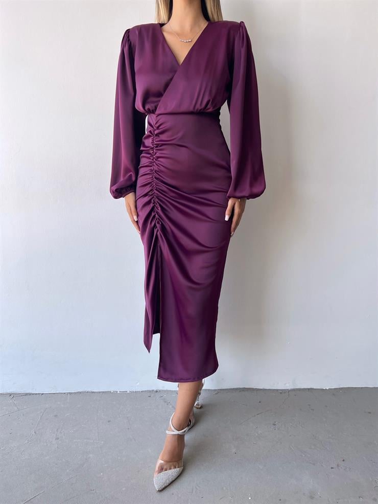 Saten Midi Önden Büzgülü Ve Yırtmaçlı Christina Kadın Mor Elbise 22K000547
