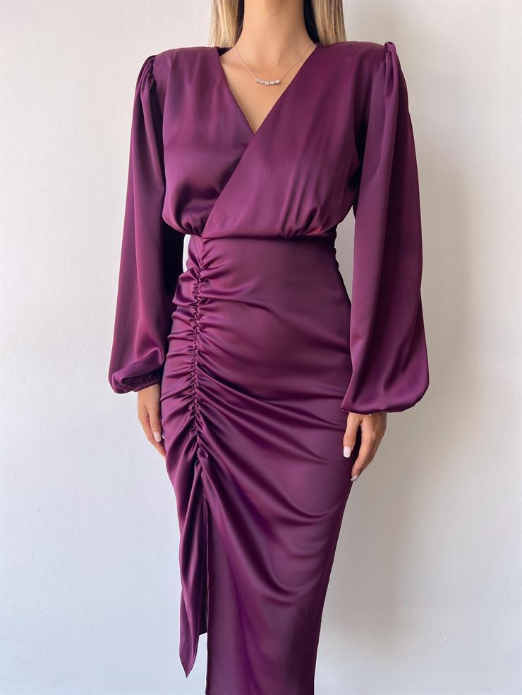 Saten Midi Önden Büzgülü Ve Yırtmaçlı Christina Kadın Mor Elbise 22K000547