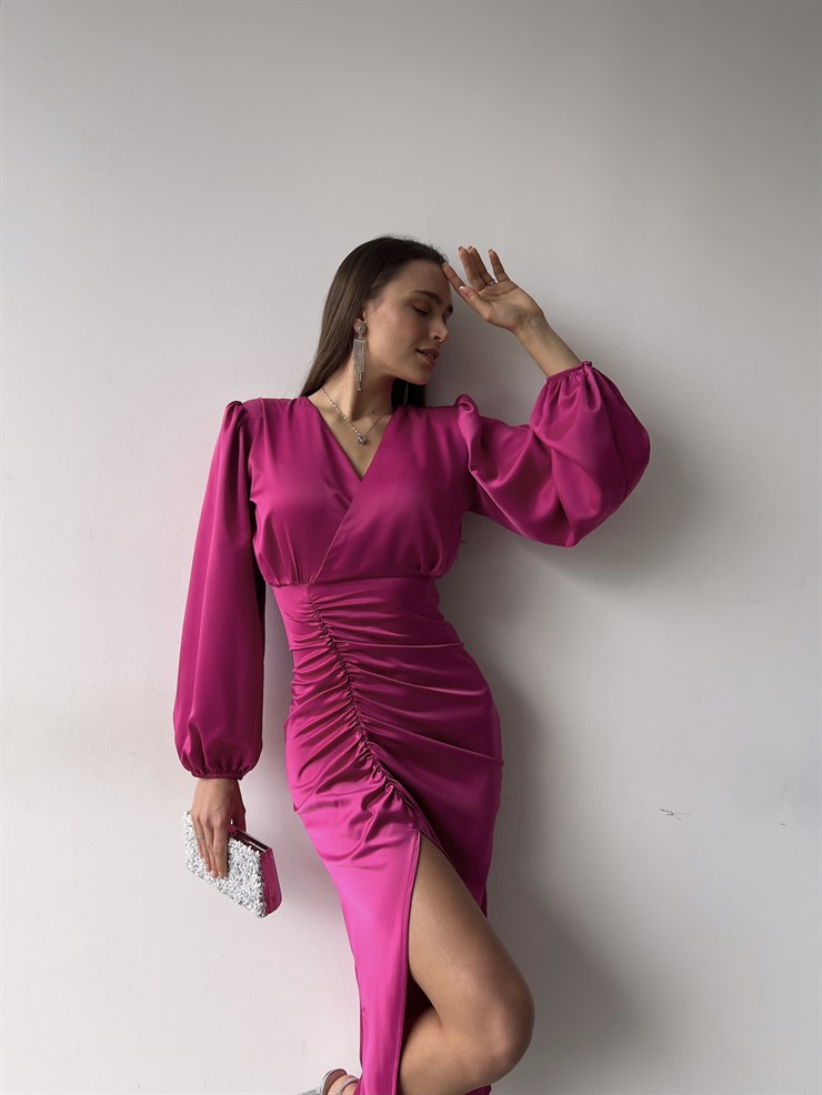 Saten Midi Önden Büzgülü Ve Yırtmaçlı Christina Kadın Fuşya Elbise 22K000547