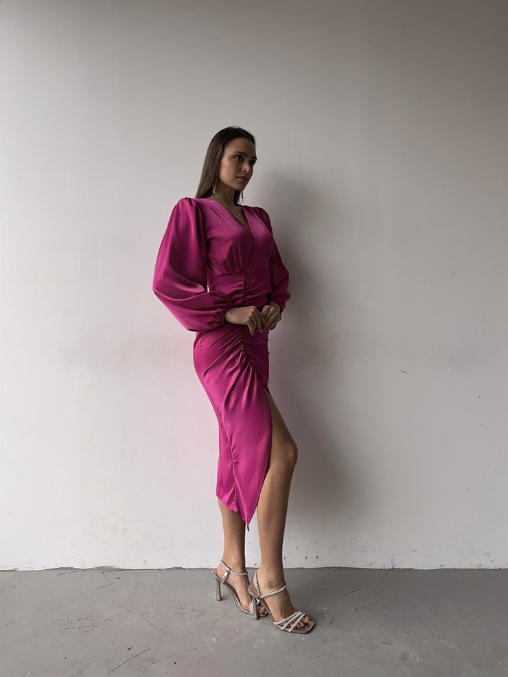 Saten Midi Önden Büzgülü Ve Yırtmaçlı Christina Kadın Fuşya Elbise 22K000547