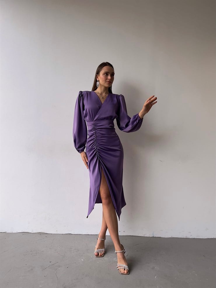 Saten Midi Önden Büzgülü Ve Yırtmaçlı Christina Kadın Lila Elbise 22K000547