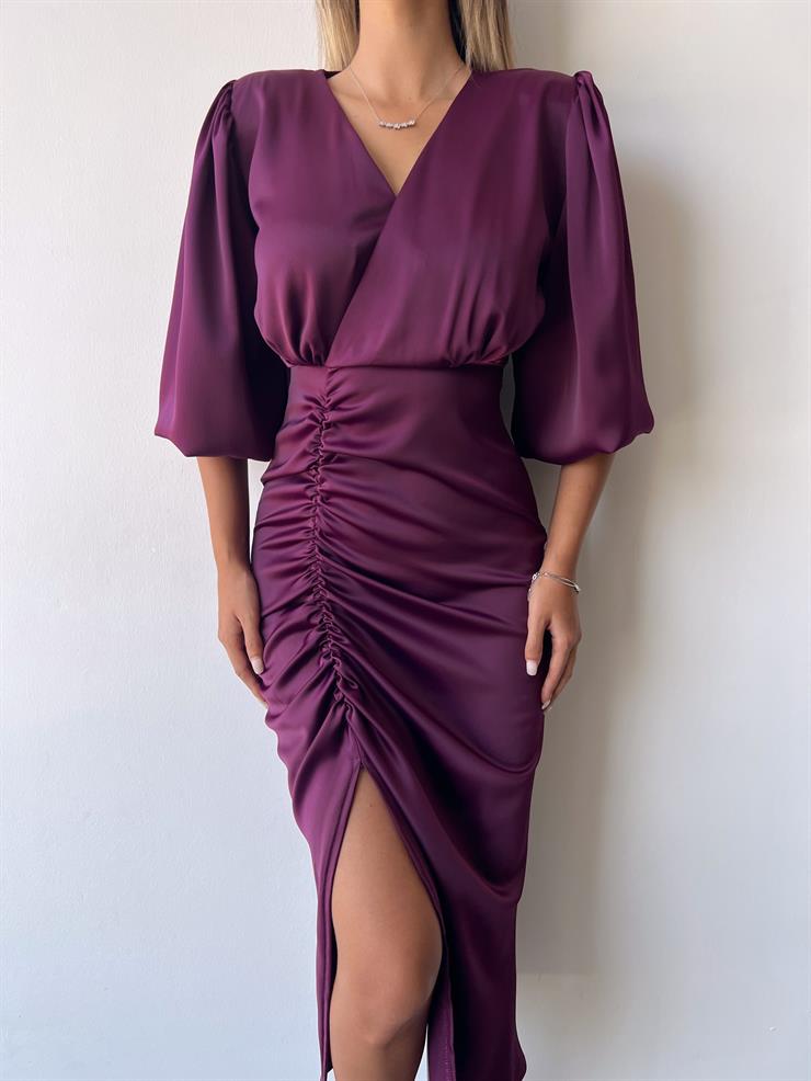 Saten Midi Önden Büzgülü Ve Yırtmaçlı Christina Kadın Mor Elbise 22K000547