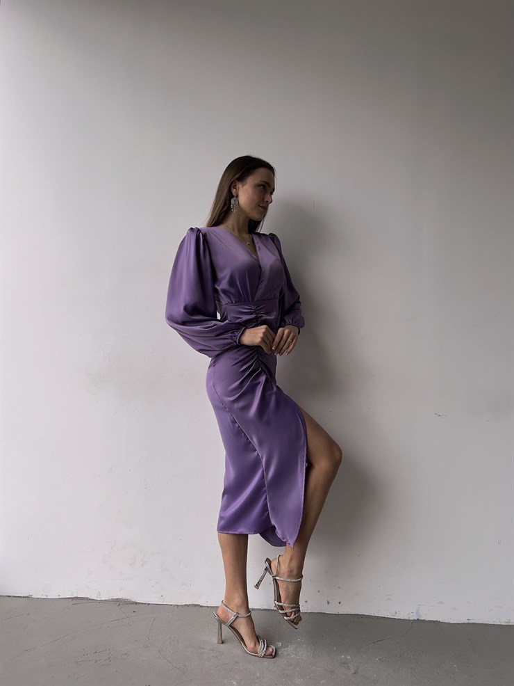 Saten Midi Önden Büzgülü Ve Yırtmaçlı Christina Kadın Lila Elbise 22K000547