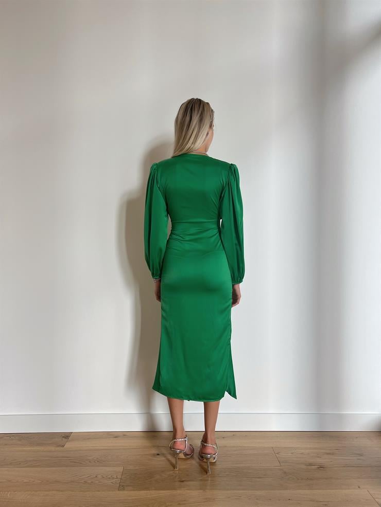 Saten Midi Önden Büzgülü Ve Yırtmaçlı Christina Kadın Yeşil Elbise 22K000547