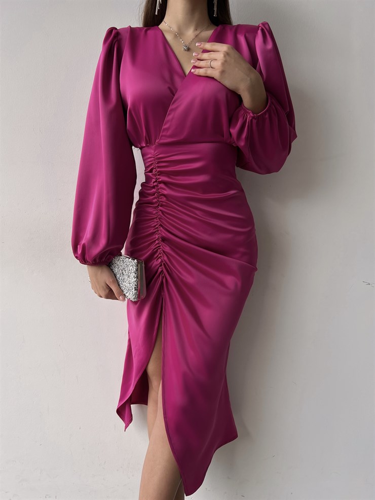 Saten Midi Önden Büzgülü Ve Yırtmaçlı Christina Kadın Fuşya Elbise 22K000547