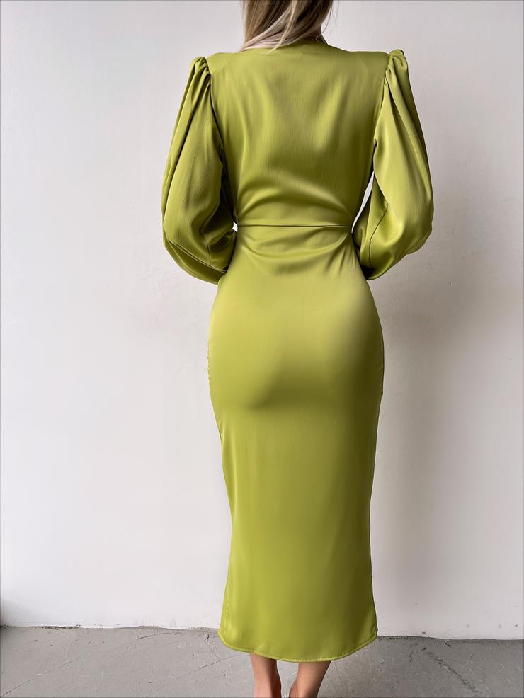 Saten Midi Önden Büzgülü Ve Yırtmaçlı Christina Kadın Fıstık Yeşili Elbise 22K000547