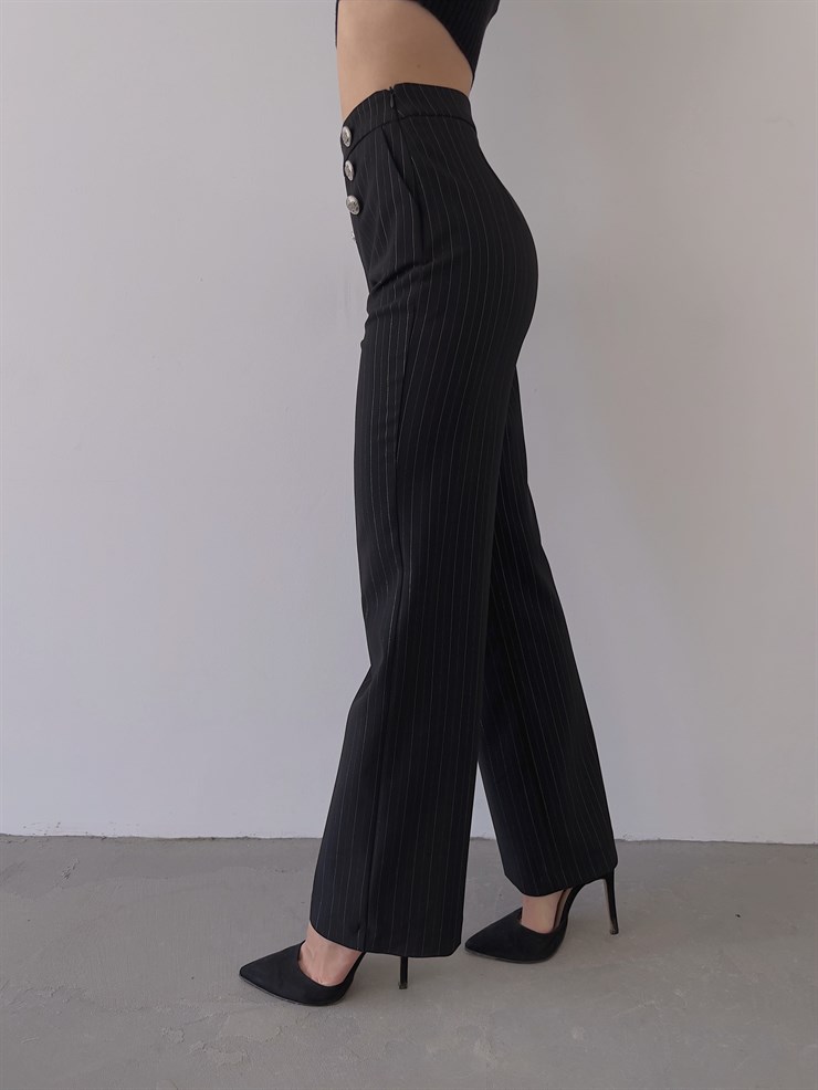 Çizgili Ön Düğme Detay Fermuar Kapamalı Chuva Kadın Siyah Pantolon 23K000284