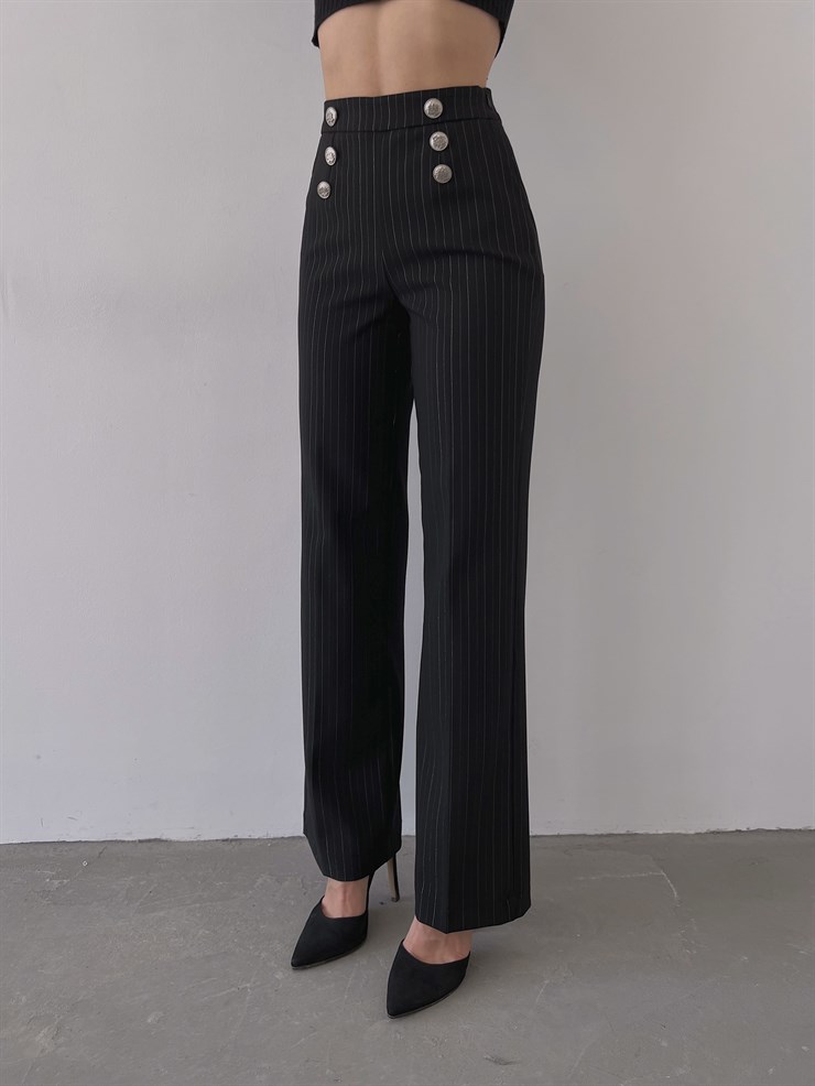 Çizgili Ön Düğme Detay Fermuar Kapamalı Chuva Kadın Siyah Pantolon 23K000284