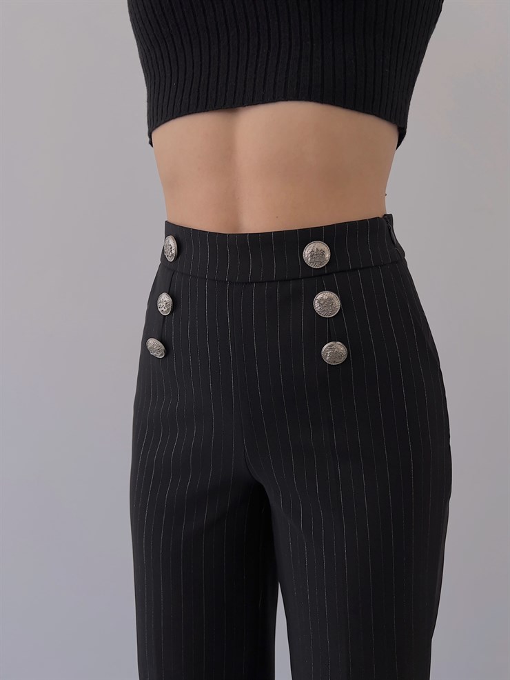 Çizgili Ön Düğme Detay Fermuar Kapamalı Chuva Kadın Siyah Pantolon 23K000284