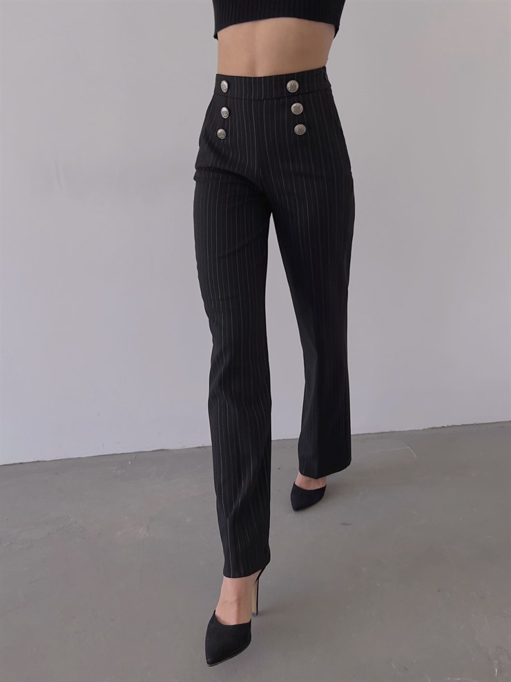 Çizgili Ön Düğme Detay Fermuar Kapamalı Chuva Kadın Siyah Pantolon 23K000284