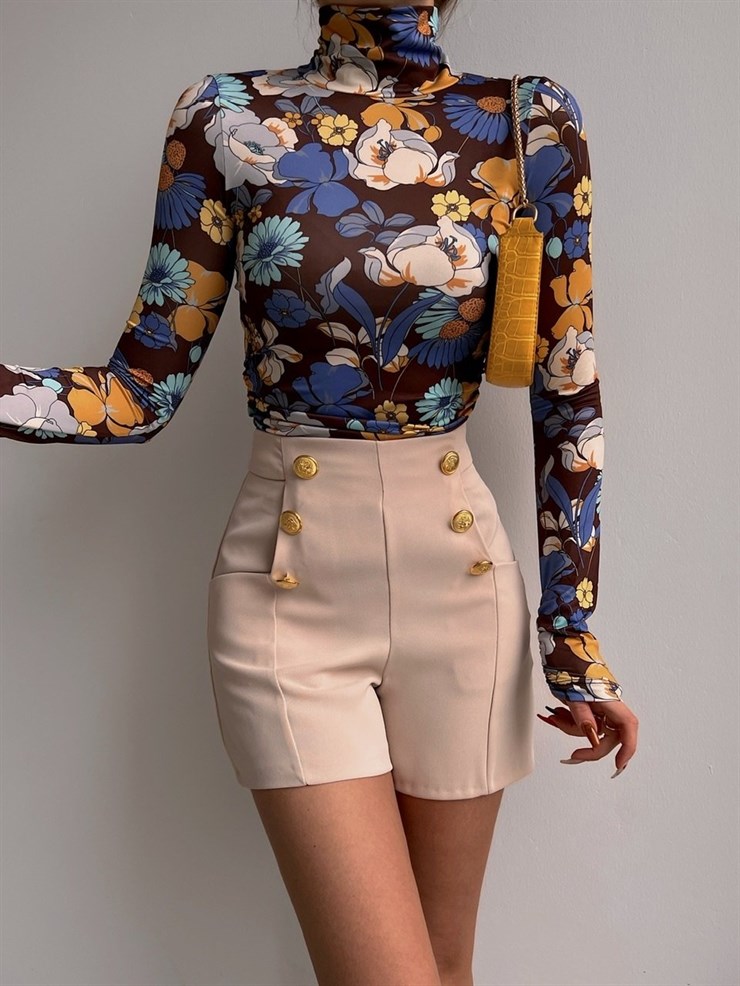 Çiçek Desen Balıkçı Yaka Sierra Kadın Renkli Bluz 22K000517