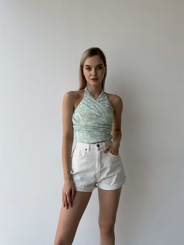 Çiçek Desen Drape Boyundan Bağcıklı Gipeli Levenia Kadın Mint Bluz 22Y000386