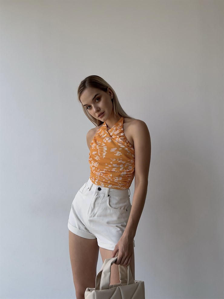 Çiçek Desen Drape Boyundan Bağcıklı Gipeli Levenia Kadın Hardal Bluz 22Y000386