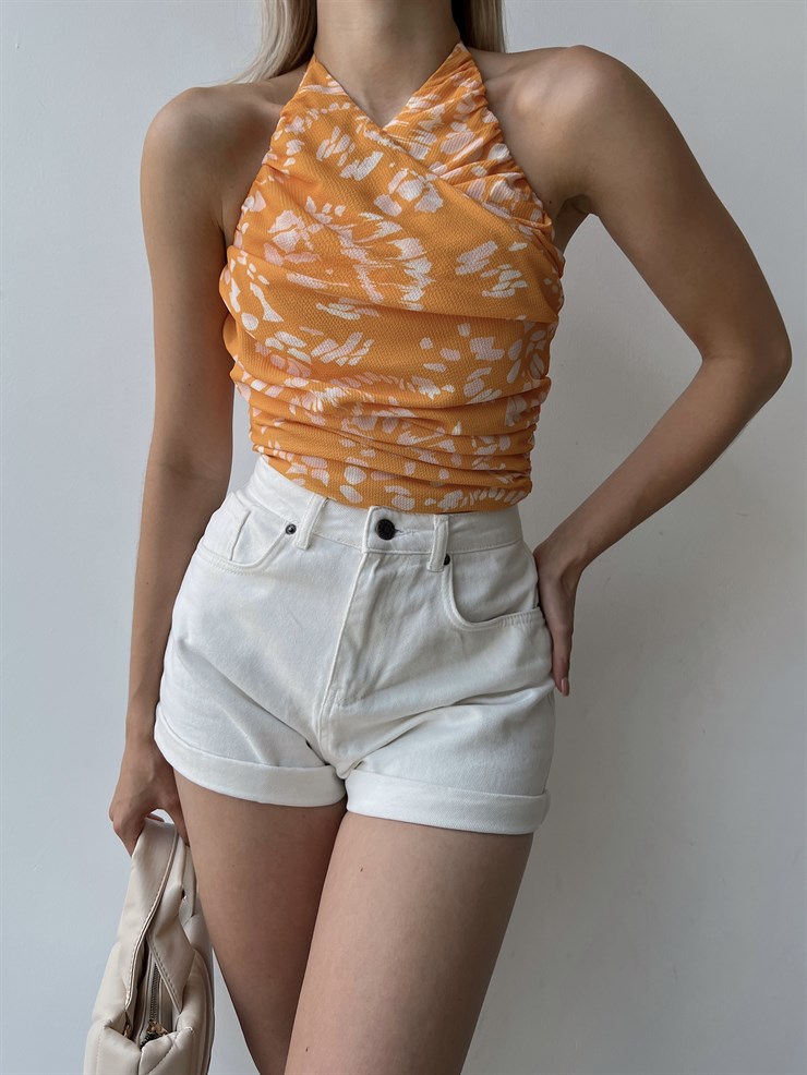 Çiçek Desen Drape Boyundan Bağcıklı Gipeli Levenia Kadın Hardal Bluz 22Y000386