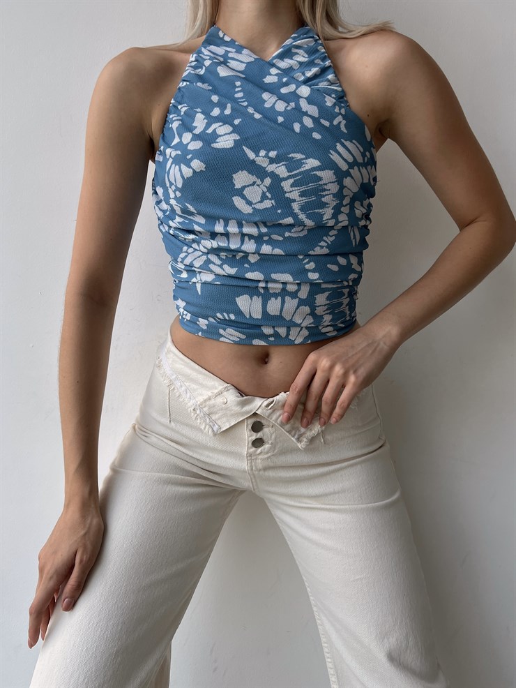 Çiçek Desen Drape Boyundan Bağcıklı Gipeli Levenia Kadın Mavi Bluz 22Y000386