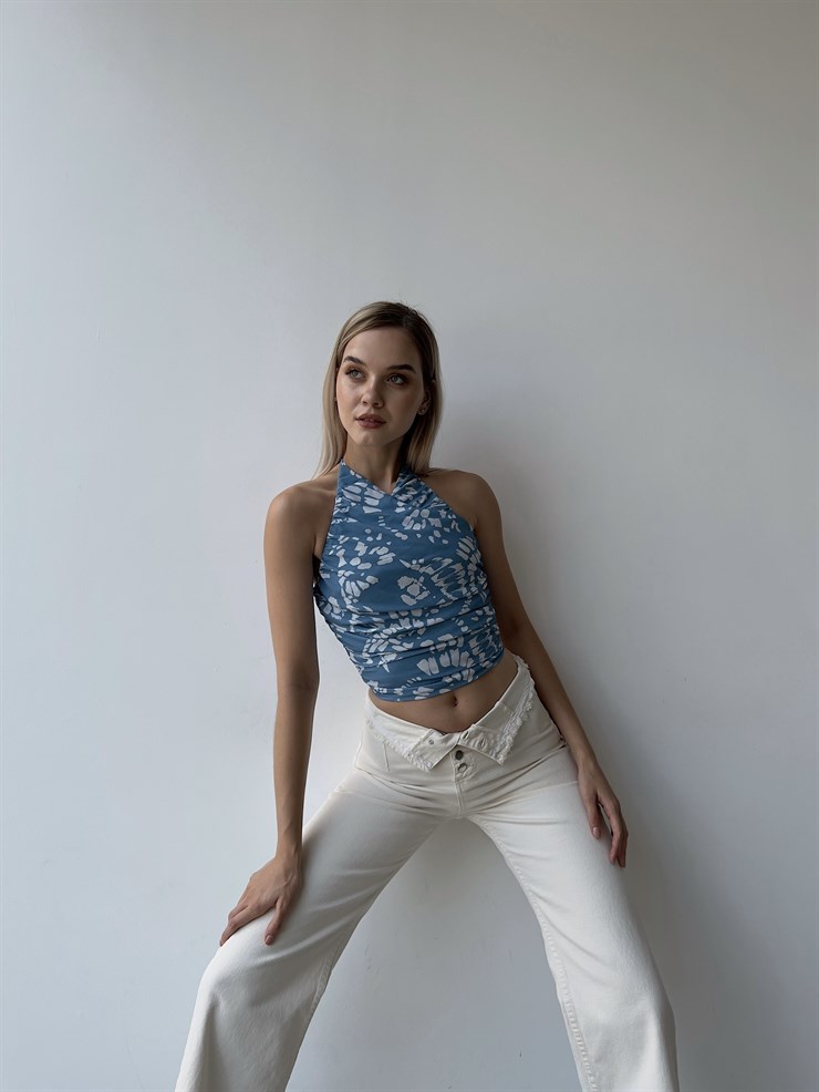 Çiçek Desen Drape Boyundan Bağcıklı Gipeli Levenia Kadın Mavi Bluz 22Y000386