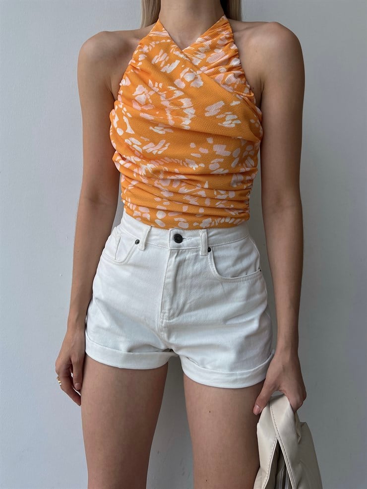 Çiçek Desen Drape Boyundan Bağcıklı Gipeli Levenia Kadın Hardal Bluz 22Y000386