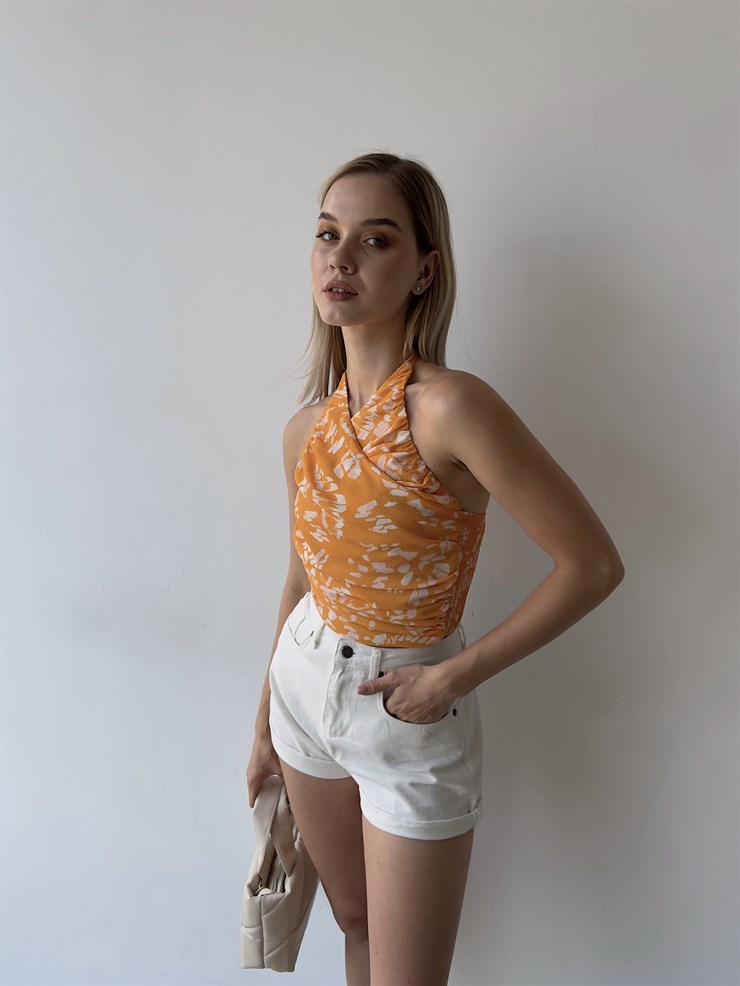 Çiçek Desen Drape Boyundan Bağcıklı Gipeli Levenia Kadın Hardal Bluz 22Y000386