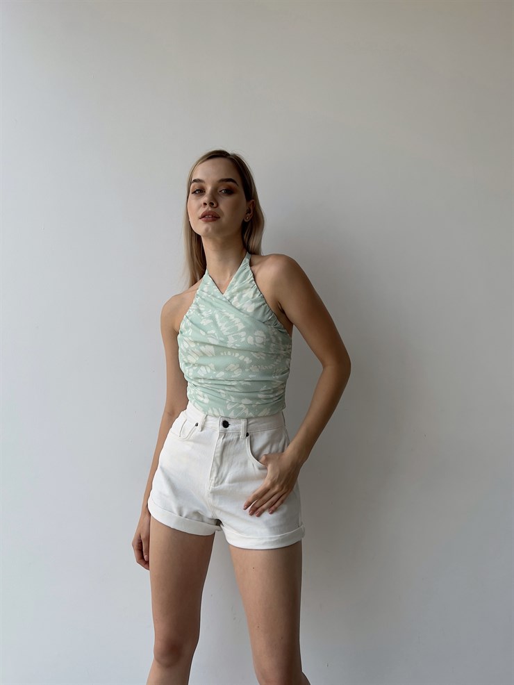 Çiçek Desen Drape Boyundan Bağcıklı Gipeli Levenia Kadın Mint Bluz 22Y000386