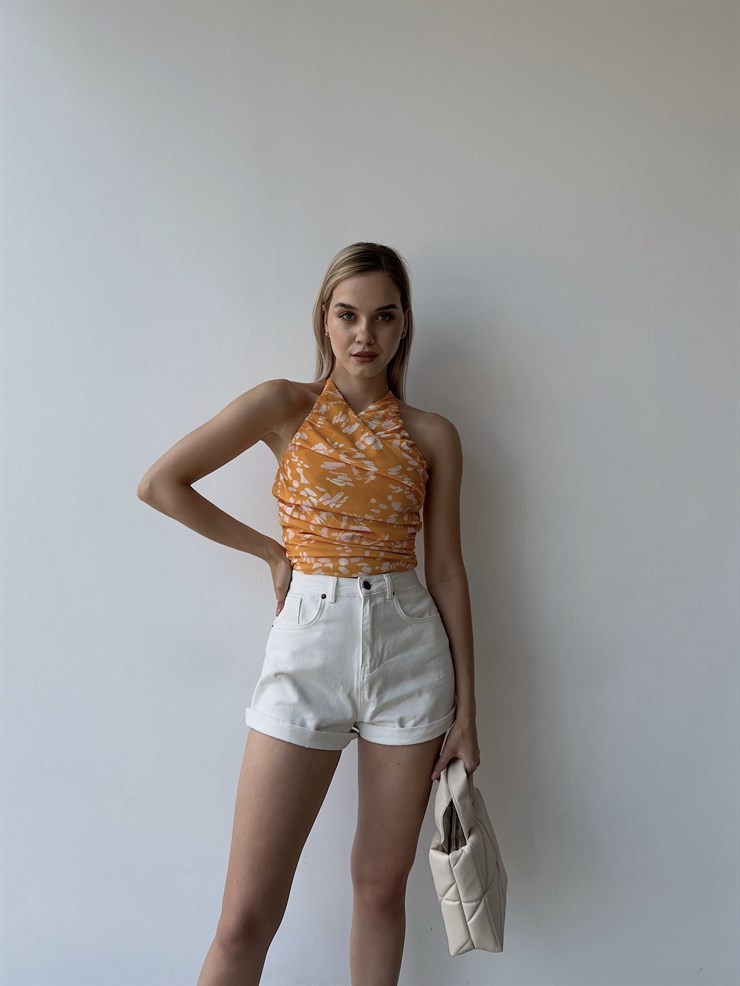 Çiçek Desen Drape Boyundan Bağcıklı Gipeli Levenia Kadın Hardal Bluz 22Y000386