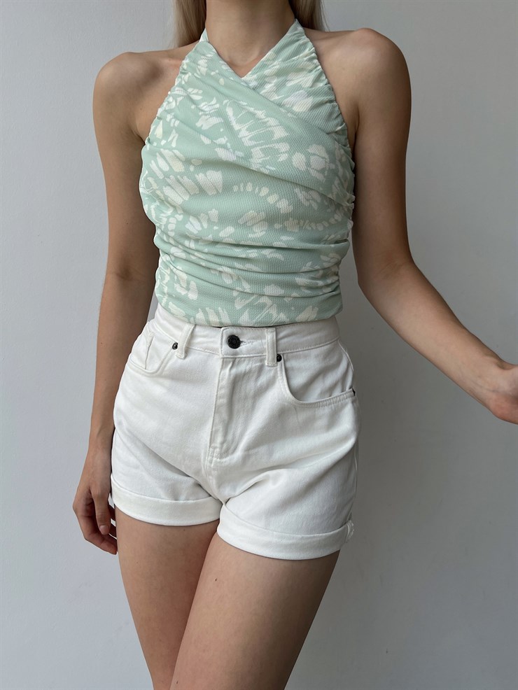 Çiçek Desen Drape Boyundan Bağcıklı Gipeli Levenia Kadın Mint Bluz 22Y000386