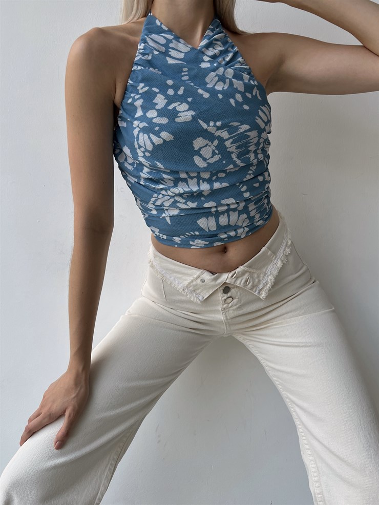 Çiçek Desen Drape Boyundan Bağcıklı Gipeli Levenia Kadın Mavi Bluz 22Y000386