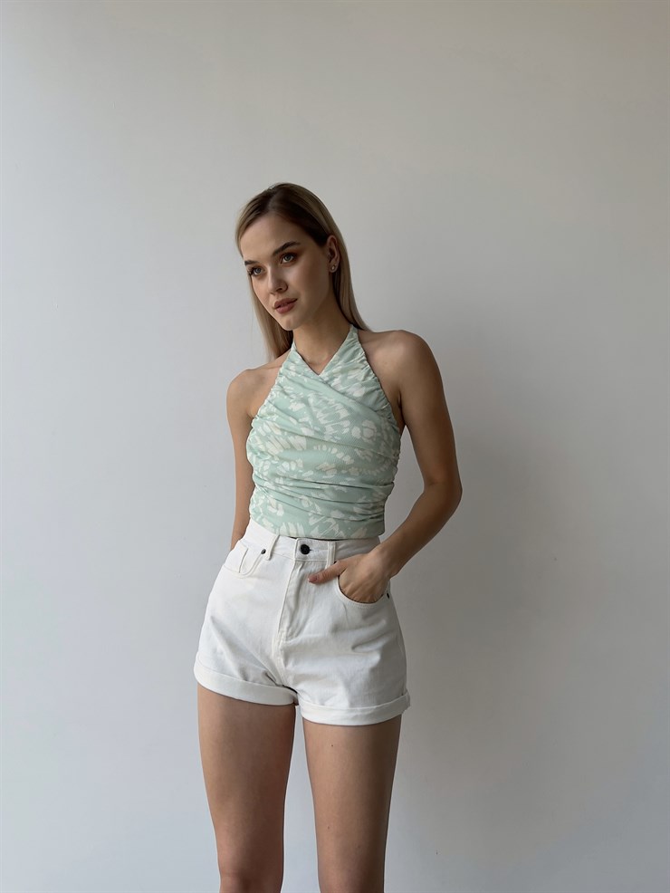 Çiçek Desen Drape Boyundan Bağcıklı Gipeli Levenia Kadın Mint Bluz 22Y000386