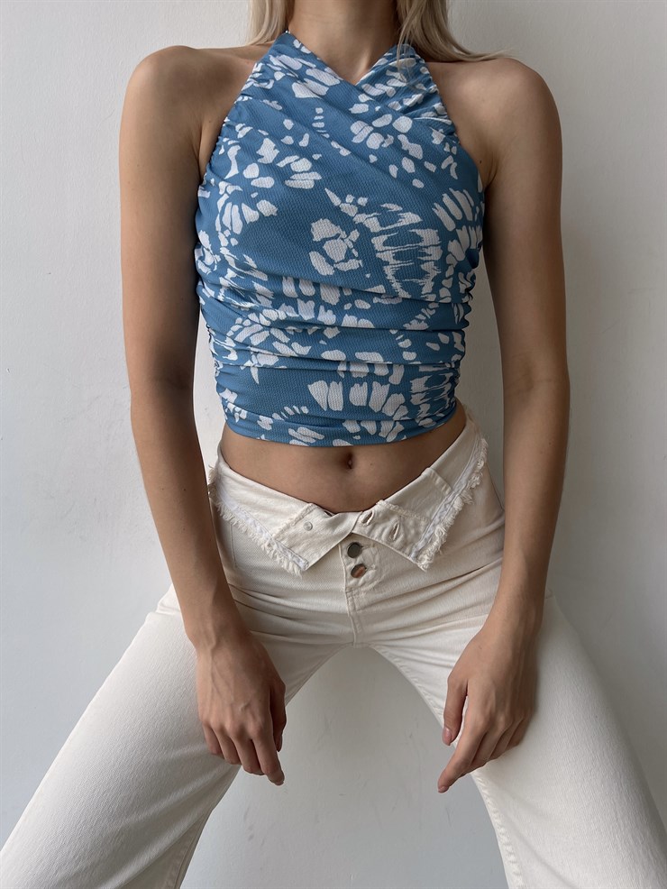 Çiçek Desen Drape Boyundan Bağcıklı Gipeli Levenia Kadın Mavi Bluz 22Y000386