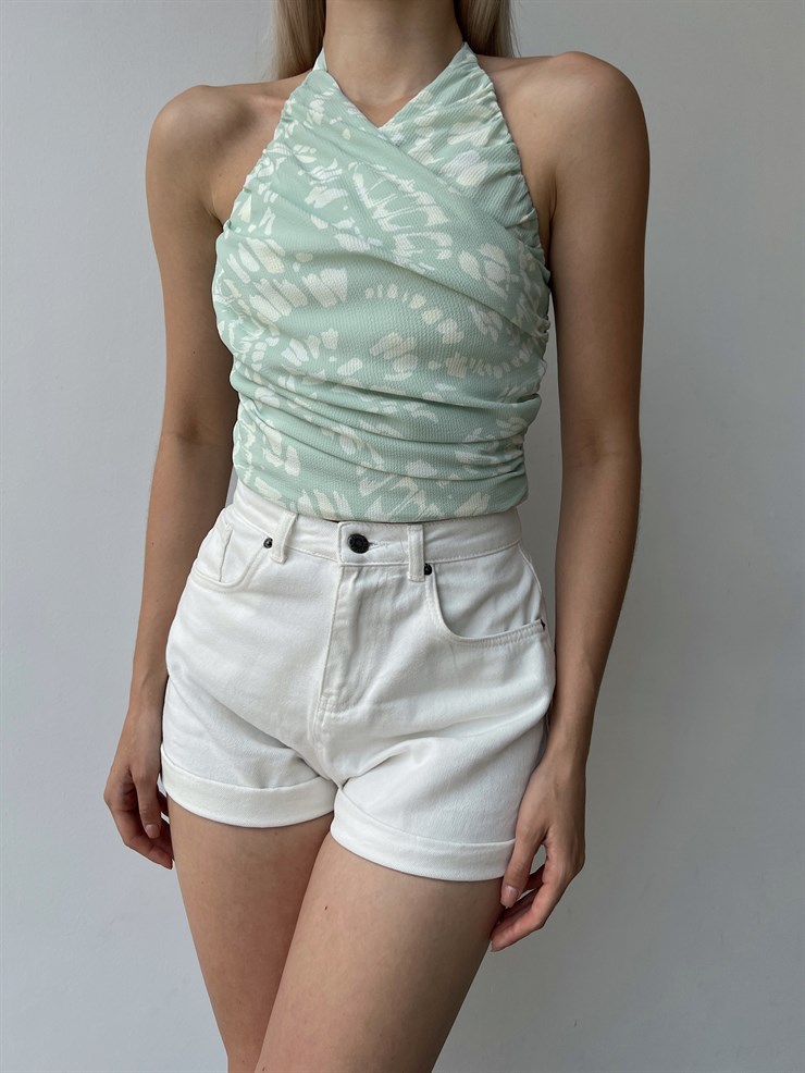 Çiçek Desen Drape Boyundan Bağcıklı Gipeli Levenia Kadın Mint Bluz 22Y000386