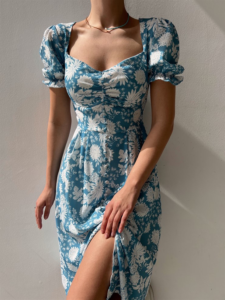 Çiçek Desen Düğmeli Midi Boy Göğüs Büzgülü Gilberto Kadın Mavi Elbise 22Y000220