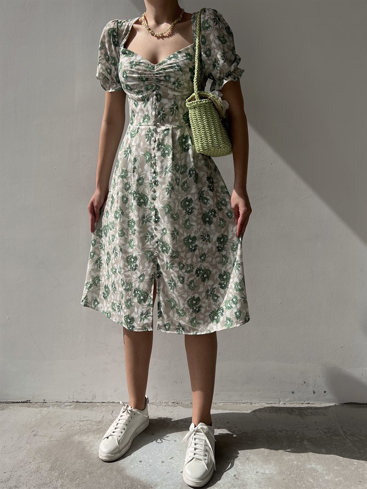 Çiçek Desen Düğmeli Midi Boy Göğüs Büzgülü Gilberto Kadın Vizon Elbise 22Y000220