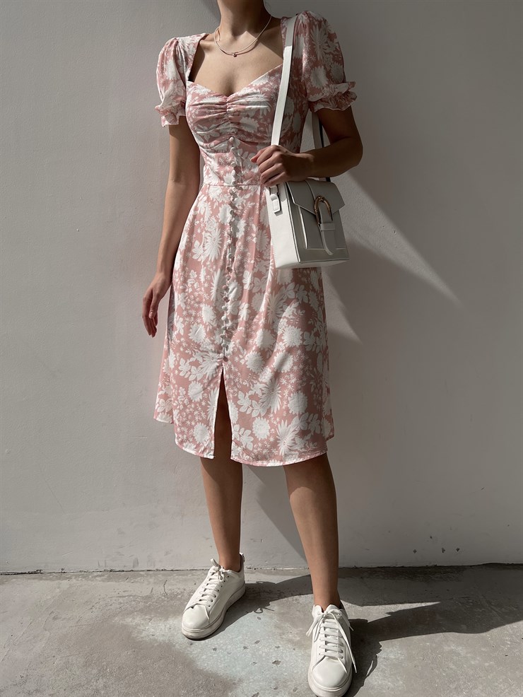 Çiçek Desen Düğmeli Midi Boy Göğüs Büzgülü Gilberto Kadın Pudra Elbise 22Y000220