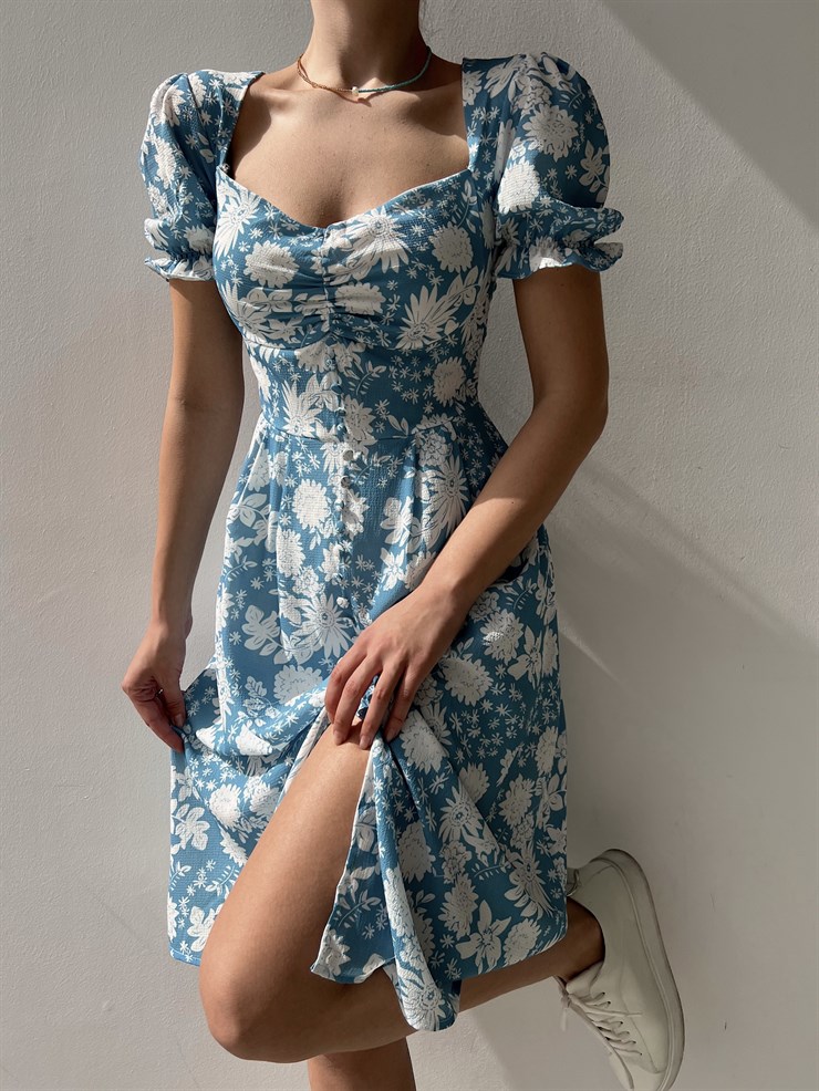 Çiçek Desen Düğmeli Midi Boy Göğüs Büzgülü Gilberto Kadın Mavi Elbise 22Y000220