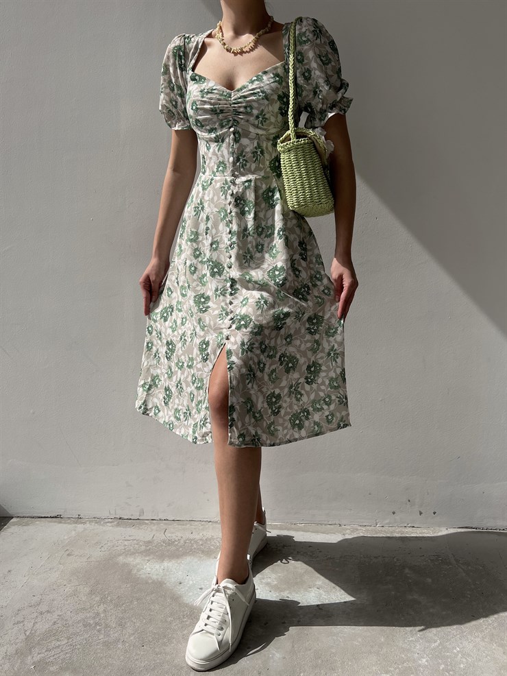 Çiçek Desen Düğmeli Midi Boy Göğüs Büzgülü Gilberto Kadın Vizon Elbise 22Y000220